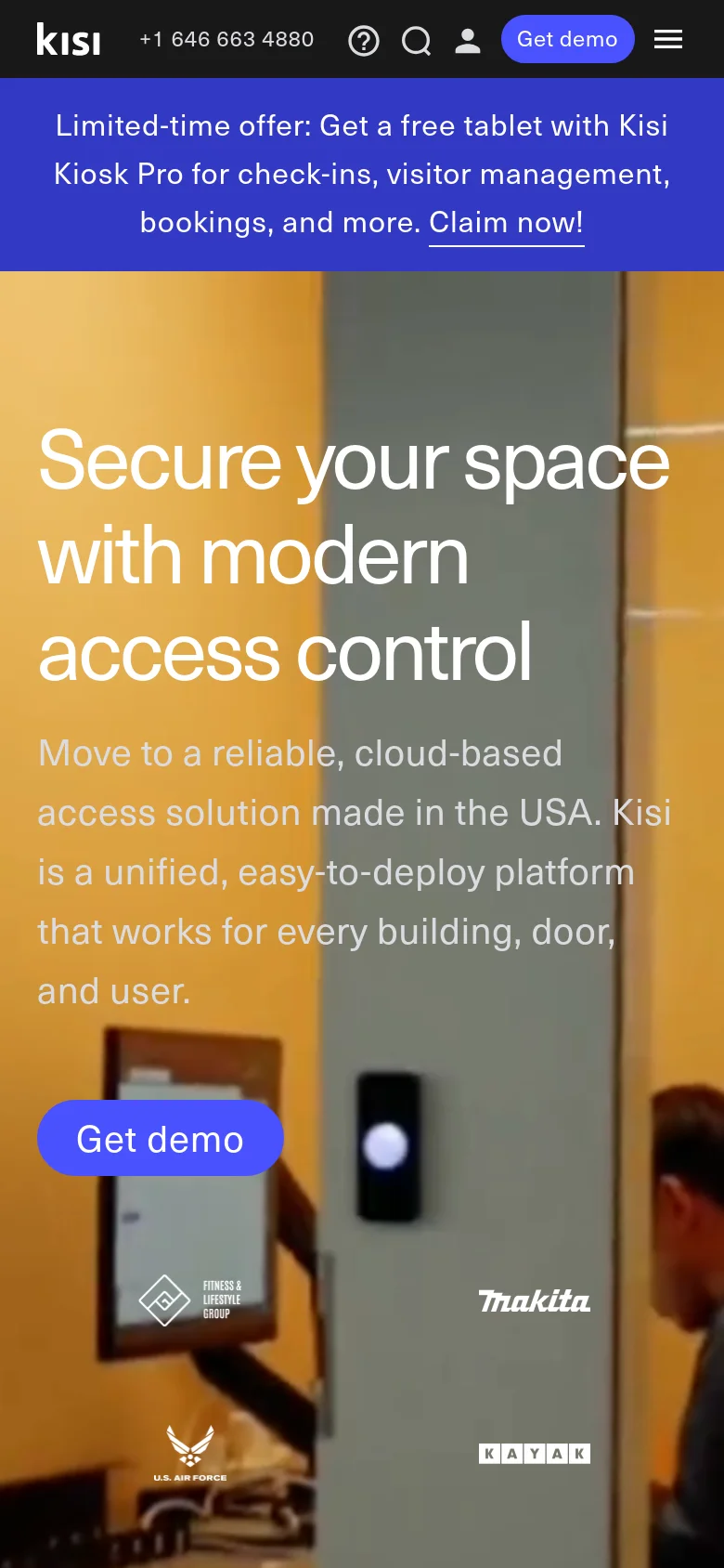 The mobile version presents a vertically stacked layout with the hero headline and 'Get demo' button centered over a large background image. The top navigation is condensed into a hamburger menu next to the logo and a 'Get demo' button. A blue promotional banner spans the width of the screen below the header, and company logos are arranged in a single column below the hero content.