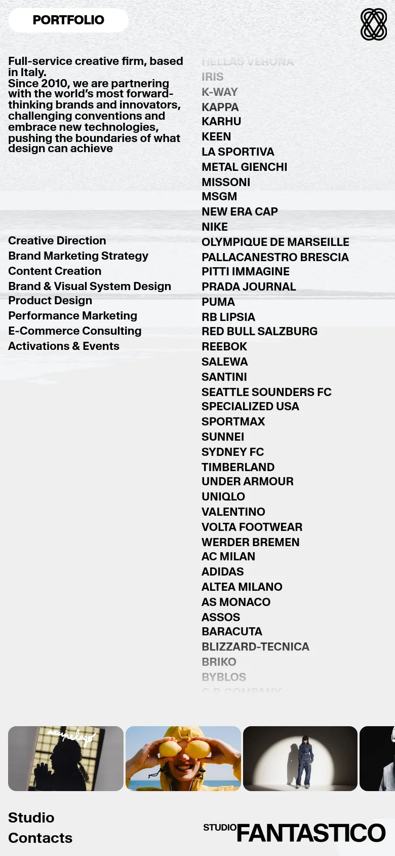 The mobile version uses a single-column vertical layout with a white background. The introductory text appears first, followed by the services list, the client names, and the project images stacked vertically. The navigation is simplified, and the 'PORTFOLIO' button is replaced by a stylized logo icon at the top.