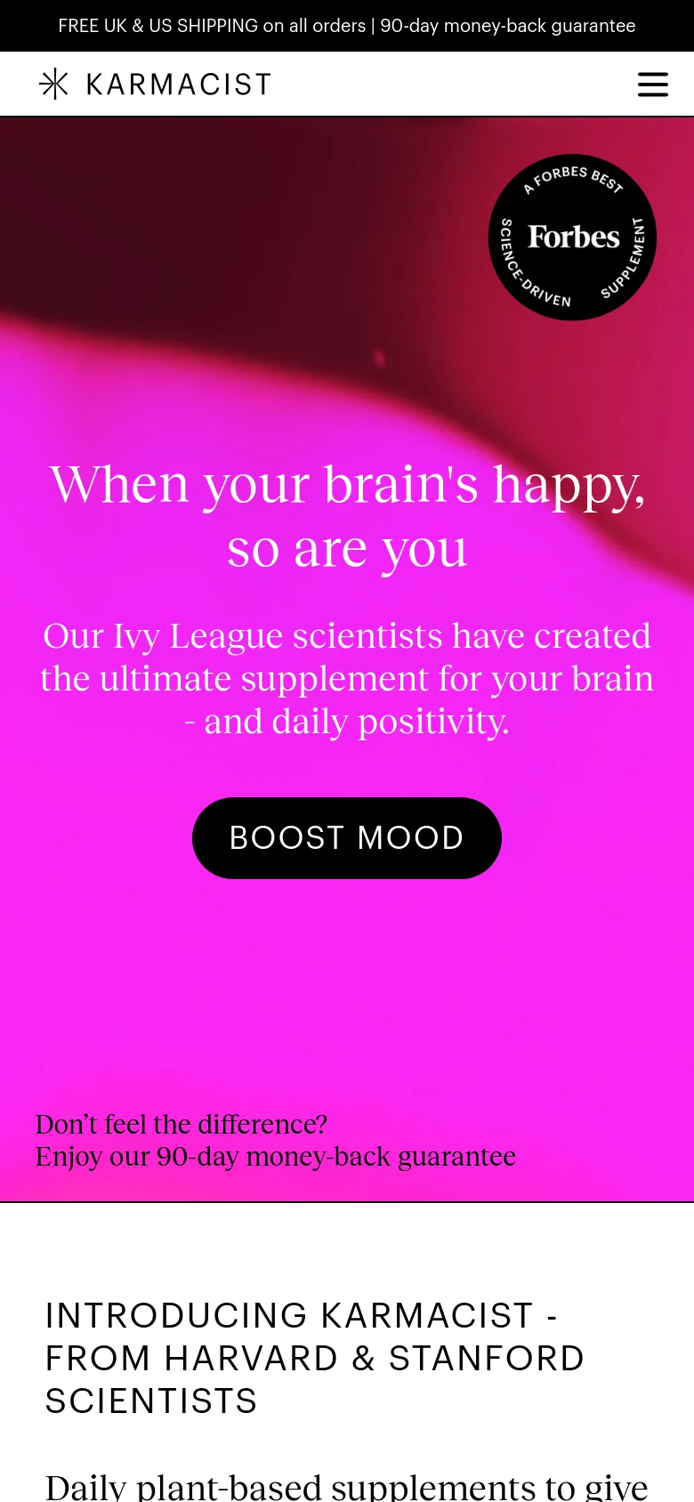 The mobile version presents a vertically oriented version of the vibrant pink and orange abstract hero background. The headline, descriptive text, and 'BOOST MOOD' button are stacked centrally, with the Forbes seal appearing above the main text. The layout is condensed to fit a narrow screen, maintaining the high-contrast color scheme.