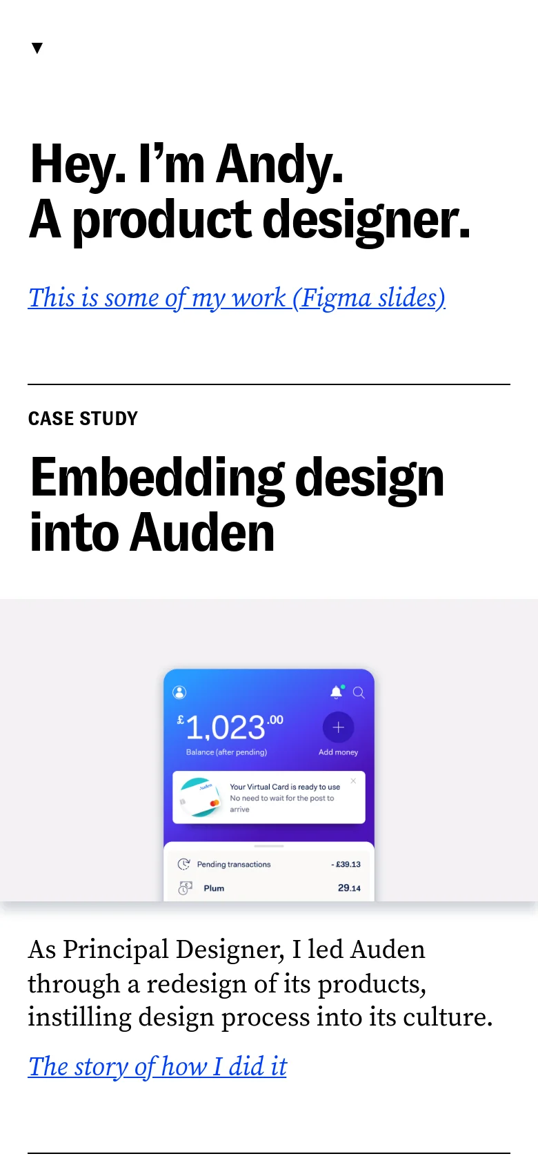 The mobile version maintains the minimalist white and black aesthetic but uses a single-column vertical layout. Text is scaled for readability, and the case study images and project descriptions are stacked vertically to fit the narrow screen width.