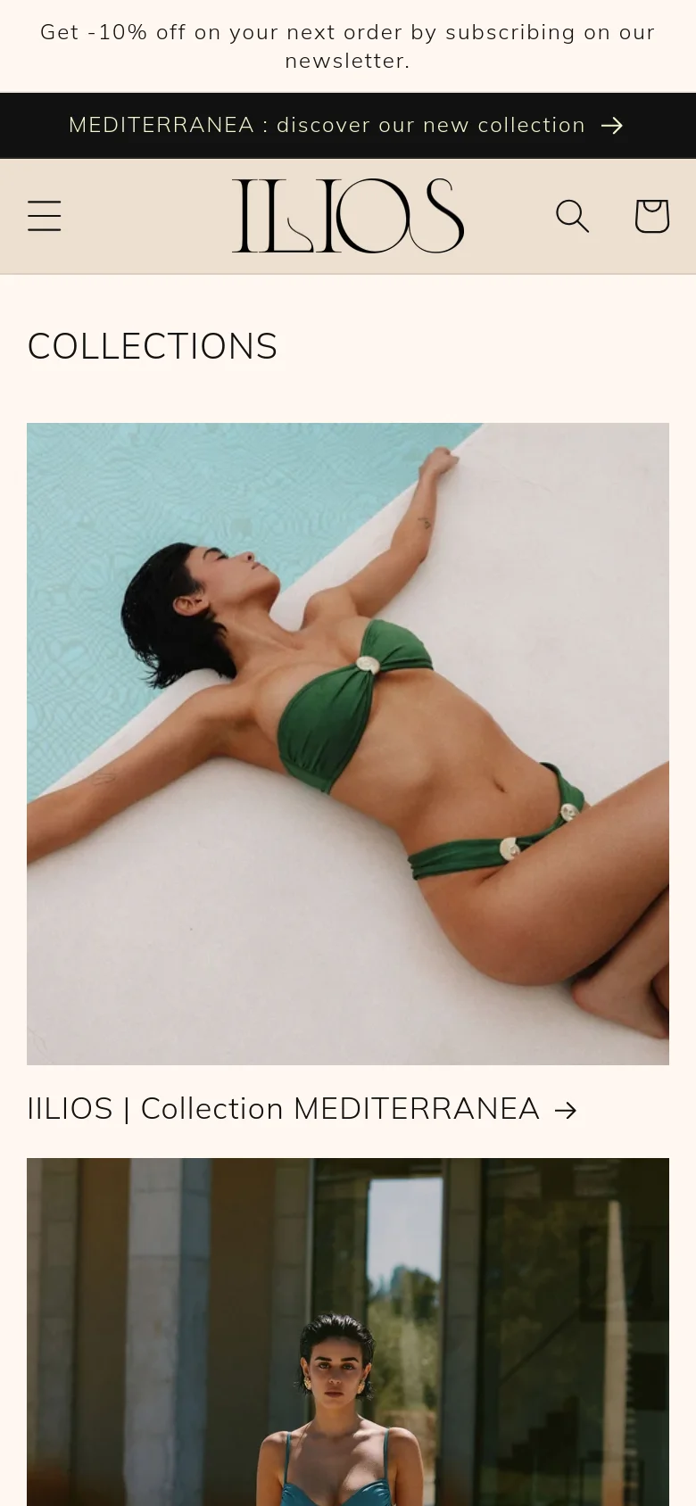 The mobile version features a simplified single-column layout for the 'COLLECTIONS' section, showing large, full-width lifestyle images stacked vertically. The header is condensed with a hamburger menu, the brand logo, a search icon, and a shopping bag icon, while the product grid below scales to fit the narrow screen.