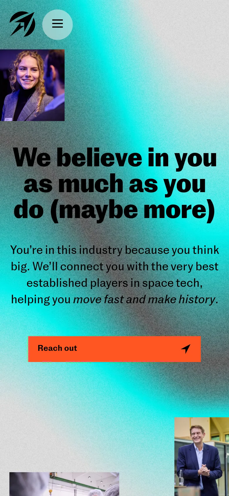 The mobile version uses a similar teal gradient background and bold black headline, but the layout is vertically stacked for a narrower screen. The navigation is condensed into a hamburger menu icon at the top left, and the large orange 'Reach out' button spans nearly the full width of the screen. Portrait images are repositioned to fit the single-column flow.