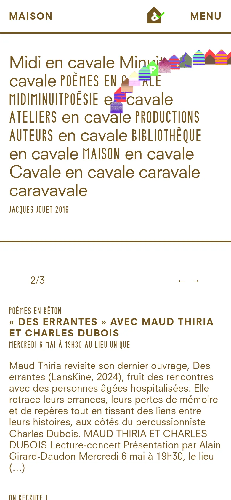 The mobile version simplifies the layout into a single vertical column, prioritizing large, bold text headings for navigation and content. The top navigation is replaced by a 'MENU' button, and the colorful geometric graphic is scaled down to fit the narrower width. The content focuses on readability with large font sizes for event titles and descriptions.