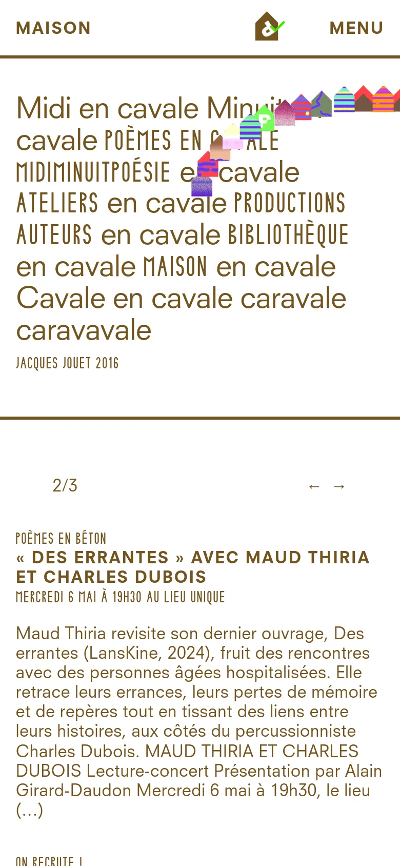 The mobile version simplifies the layout into a single vertical column, prioritizing large, bold text headings for navigation and content. The top navigation is replaced by a 'MENU' button, and the colorful geometric graphic is scaled down to fit the narrower width. The content focuses on readability with large font sizes for event titles and descriptions.