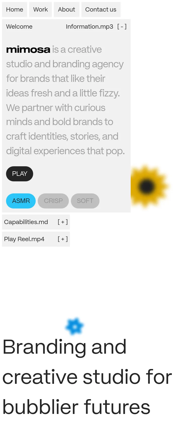 The mobile version presents a vertically stacked, single-column layout of the desktop content. The text is larger and centered, emphasizing the main headline 'Branding and creative studio for bubblier futures' at the top, followed by a scrolling sequence of images and text blocks.