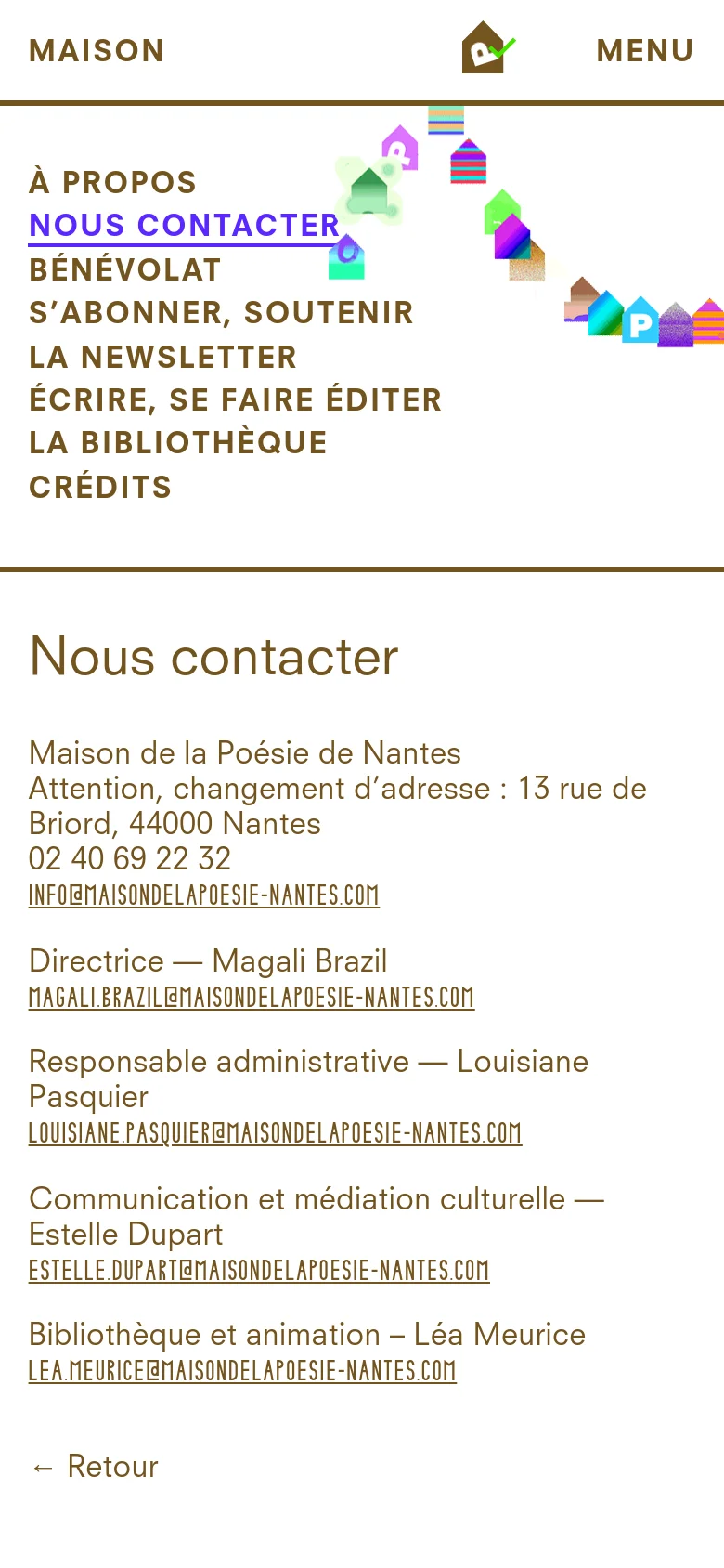 The mobile version presents a stacked layout with the navigation menu appearing as a large list of links at the top. The contact information and staff directory follow below in a single column, maintaining the clean aesthetic and colorful geometric accents seen on the desktop version.