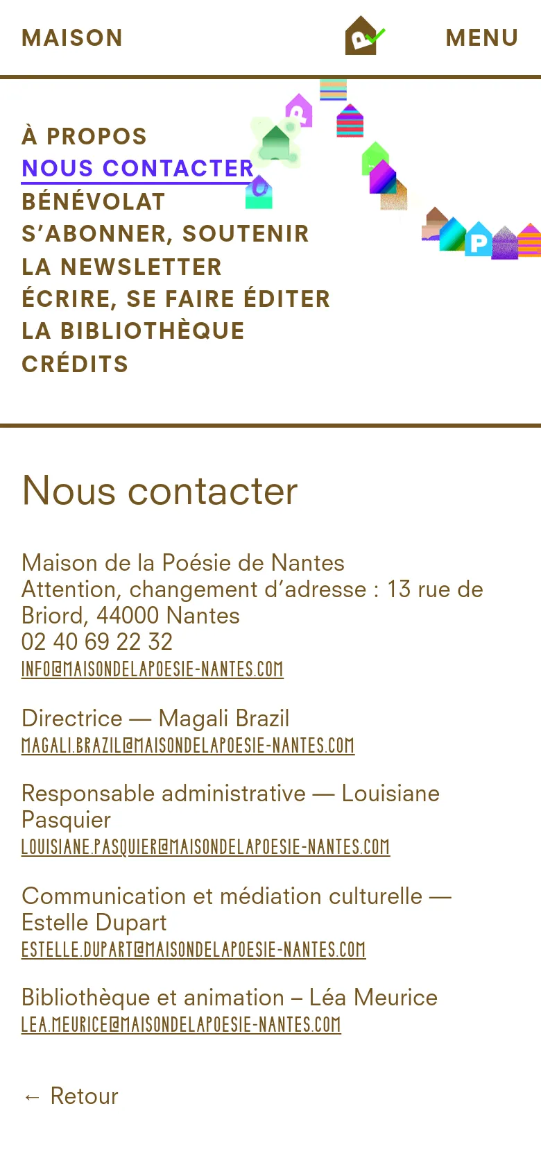 The mobile version presents a stacked layout with the navigation menu appearing as a large list of links at the top. The contact information and staff directory follow below in a single column, maintaining the clean aesthetic and colorful geometric accents seen on the desktop version.