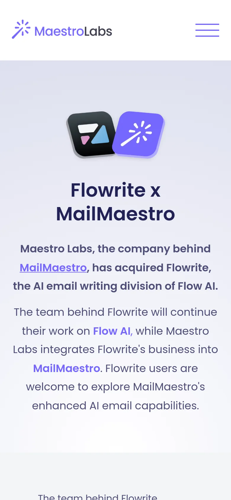 The mobile version presents a simplified, single-column layout with the MaestroLabs logo and a hamburger menu icon at the top. The hero content is vertically stacked, featuring the acquisition logo, the 'Flowrite x MailMaestro' headline, and the explanatory text centered on a light background. The layout prioritizes readability by reducing horizontal spacing and scaling text for a narrow viewport.