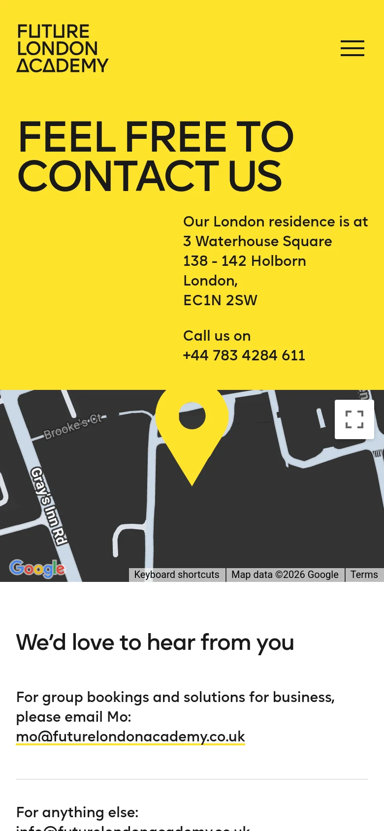 The mobile version uses a bright yellow header with a hamburger menu icon and the academy logo. The large 'FEEL FREE TO CONTACT US' headline is stacked vertically, followed by the contact address and phone number. A Google Map is positioned below the contact details, followed by email contact options for specific inquiries.