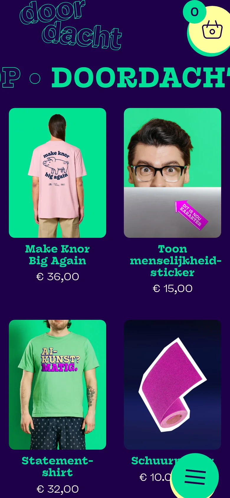 The mobile version maintains the dark purple and mint green color scheme but transitions to a single-column layout for product cards. The navigation menu is condensed into a bright green circular floating action button at the bottom right, and the shopping bag icon is prominently displayed at the top right.