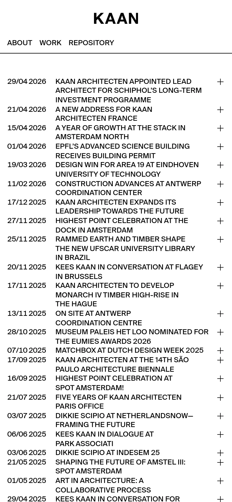 The mobile version maintains the minimalist black-on-white aesthetic but shifts the layout to a single-column vertical stack. The navigation menu is positioned at the top left, and the news list items are condensed to fit the narrower screen, with dates and headlines stacked vertically above the expansion plus icons.