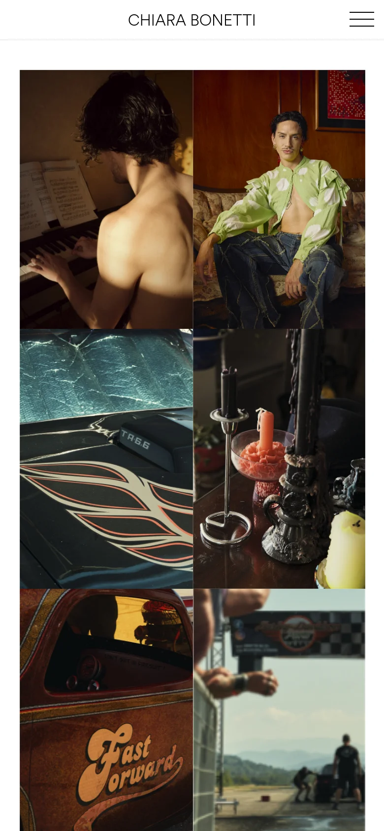The mobile version of the Archive page simplifies the layout, showing larger, single-column or double-column photographic tiles that fill the screen. The header features the name CHIARA BONETTI centered with a hamburger menu icon on the right for navigation. The grid of images is vertically oriented to accommodate the narrow screen width.