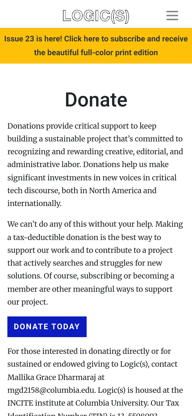 The mobile version maintains the same minimalist aesthetic and content but uses a single-column layout for readability. The navigation menu is condensed into a hamburger icon at the top right, and the text and 'DONATE TODAY' button are scaled to fit the narrower screen width.