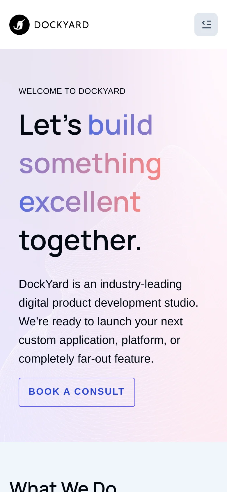 The mobile version maintains the same pastel wavy background and large, bold typography but uses a simplified layout. The navigation is condensed into a hamburger menu icon in the top right, and the hero text and 'BOOK A CONSULT' button are vertically stacked to fit the narrow screen width.