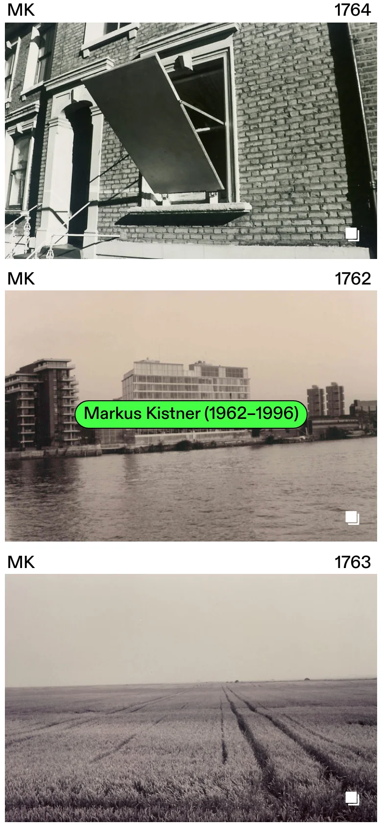 The mobile view displays the photographic works in a single-column vertical stack. The images appear much larger, filling the width of the screen, and the green name badge is overlaid on the second image in the sequence. The overall aesthetic remains minimalist with a focus on the individual black and white photographs.