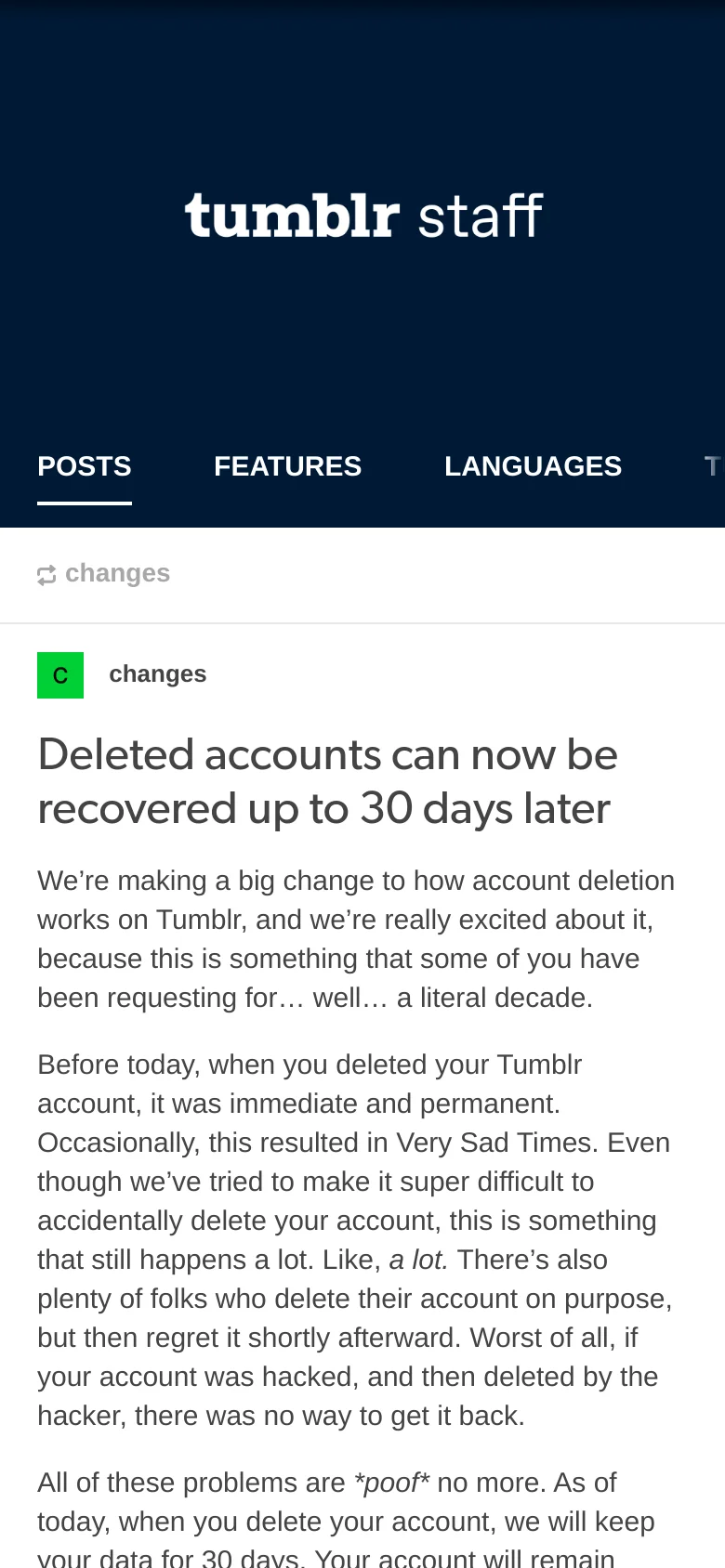 The mobile version presents a simplified view with the 'tumblr staff' logo and a condensed navigation menu. The main content is a single vertical post card on a white background, detailing changes to account deletion policies, with the 'changes' category icon and headline prominently displayed.