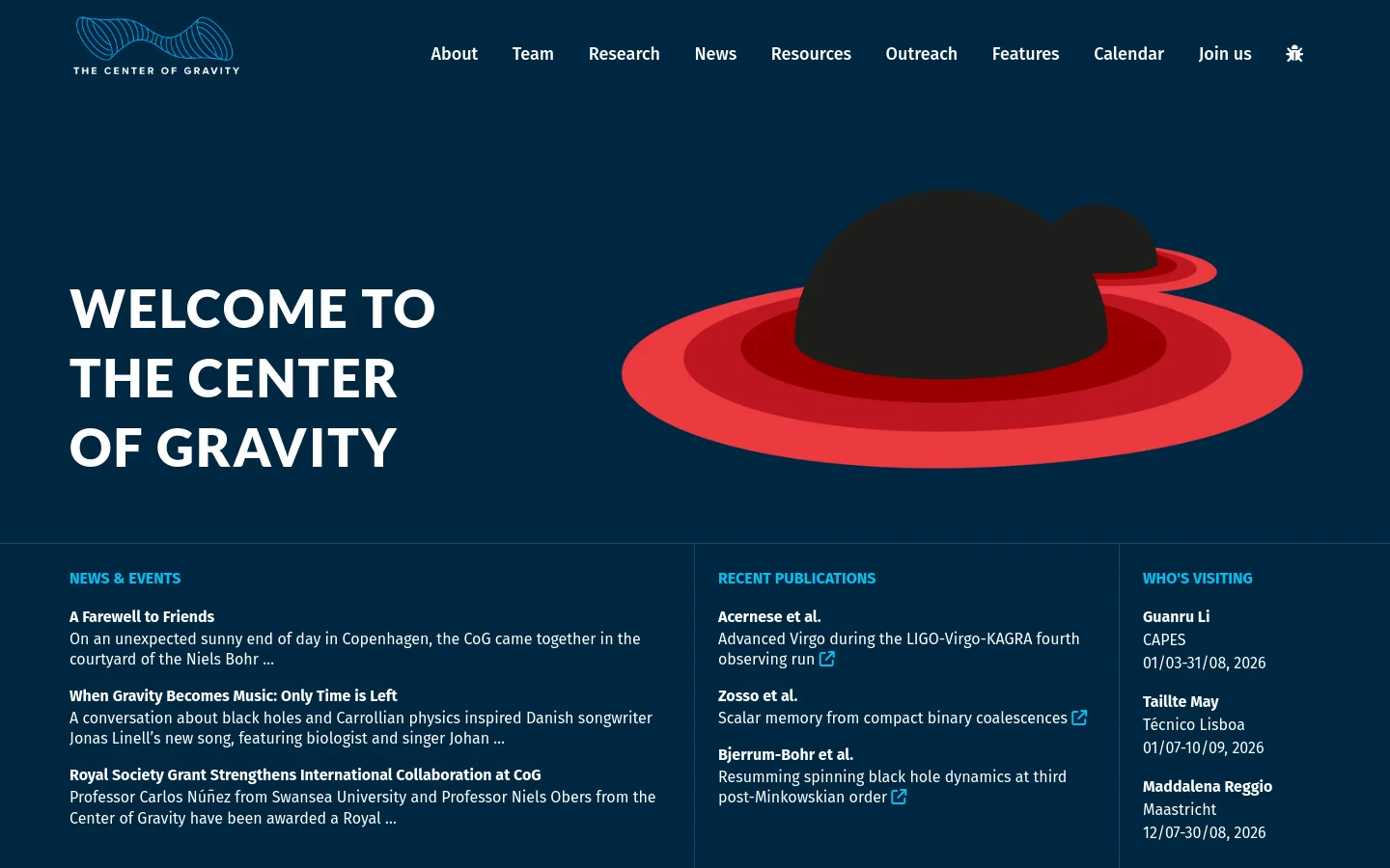 The desktop homepage features a dark blue background with a large hero section containing the white headline 'WELCOME TO THE CENTER OF GRAVITY' and a stylized illustration of a black mass over red concentric rings. Below the hero, the layout is organized into three columns: News & Events, Recent Publications, and Who's Visiting, all set against a dark blue background with light blue accents.