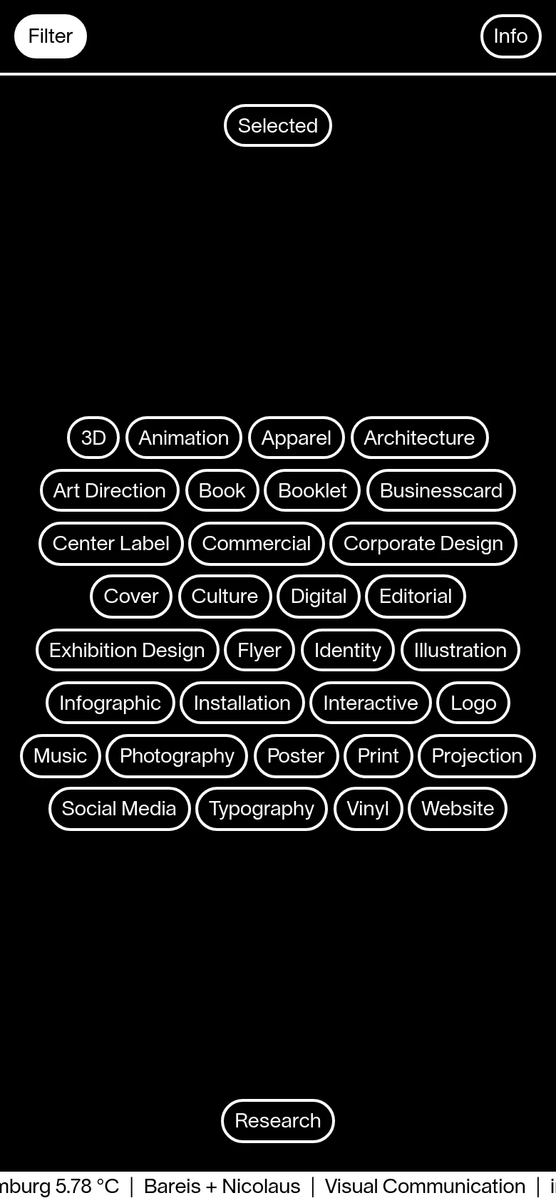 The mobile version presents a simplified, vertical layout on a black background. The filter buttons are stacked in multiple rows, occupying the central part of the screen, while the agency name and 'Research' navigation appear at the top and bottom. The large project imagery seen on desktop is replaced by a more streamlined, text-focused interface for easier scrolling.