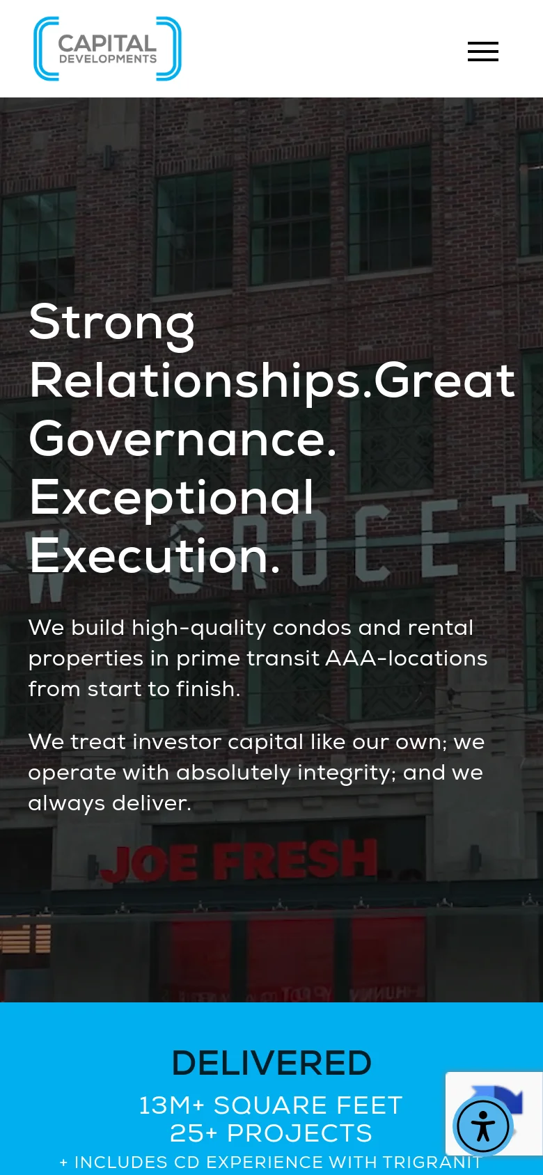 The mobile version simplifies the layout, replacing the top navigation menu with a hamburger icon. The hero section features the same headline and mission statement over a dark building background, but the text is centered and scaled for smaller screens. The statistics section is partially visible at the bottom, transitioning into a single-column vertical stack.