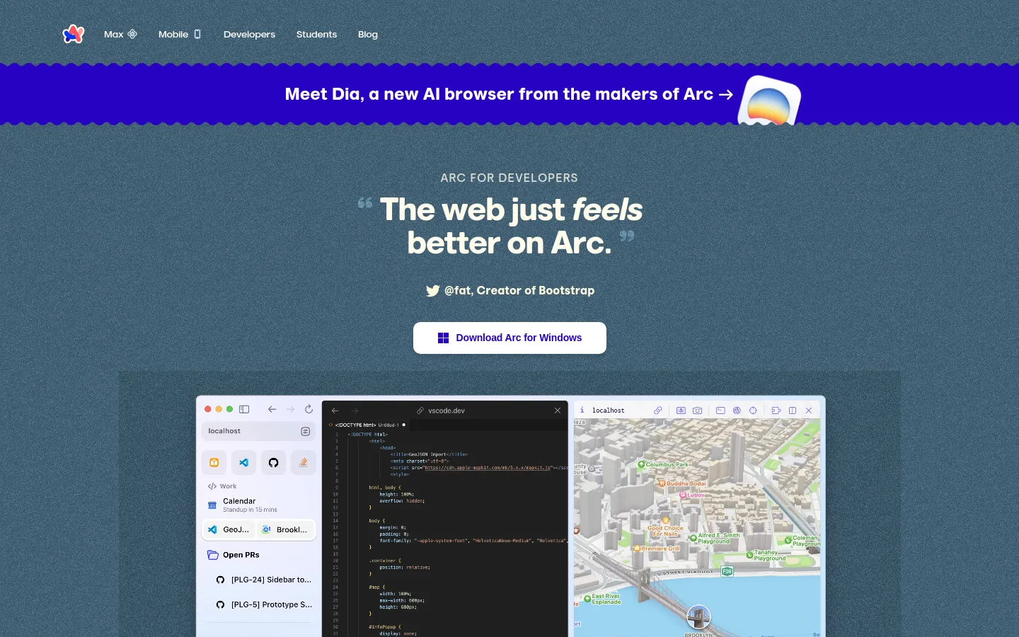 The desktop page features a dark blue textured background with a prominent purple banner at the top promoting 'Dia'. The center contains the headline 'Arc for Developers' and a large quote, 'The web just feels better on Arc,' followed by a Twitter handle and a light blue 'Download Arc for Windows' button. Below this, a large screenshot shows a split-screen browser view with code on one side and a map on the other.