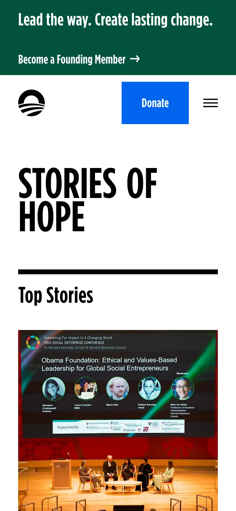 The mobile version simplifies the layout, presenting the 'STORIES OF HOPE' headline and 'Top Stories' section in a single-column vertical stack. The navigation bar is condensed, replacing text links with a hamburger menu icon next to the logo and a prominent blue 'Donate' button. A green banner at the top encourages users to 'Become a Founding Member'.