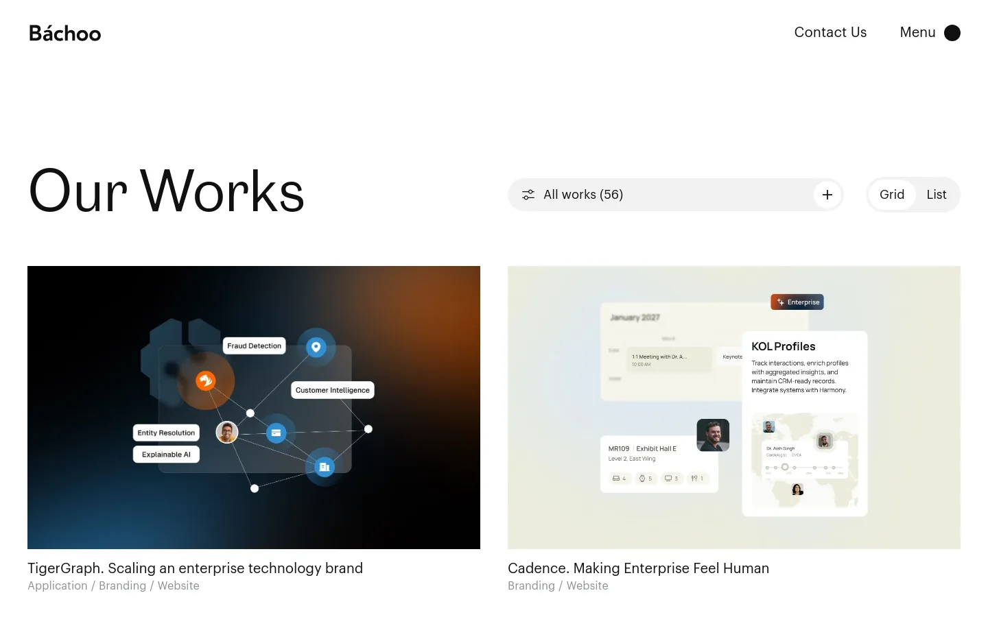 The Portfolio page features a clean, minimalist white layout with the headline 'Our Works'. Below the headline, a filter bar allows users to sort 56 projects by type, technology, or service, with toggle options for Grid or List views. The main content displays a large grid of project cards, each containing a high-quality cover image, a title, and descriptive tags like 'Application', 'Branding', or 'Website'.