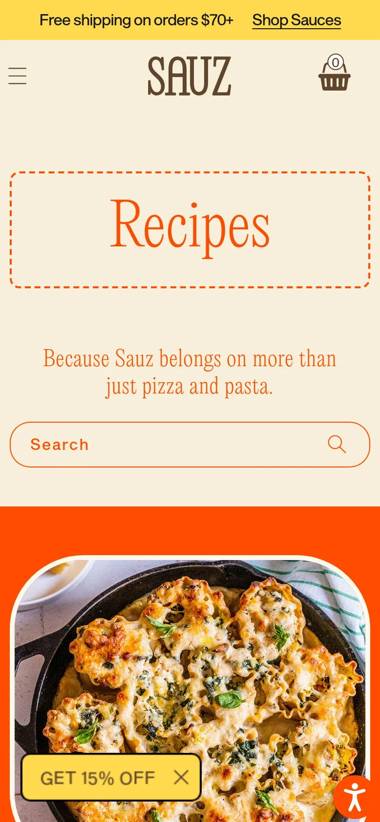 The mobile version uses a vertical layout on a cream background, centering the 'Recipes' heading in a dashed box and placing the tagline and search bar directly underneath. The hero image of the lasagna rotolo is positioned at the bottom of the visible screen, partially overlapping a bright orange background.