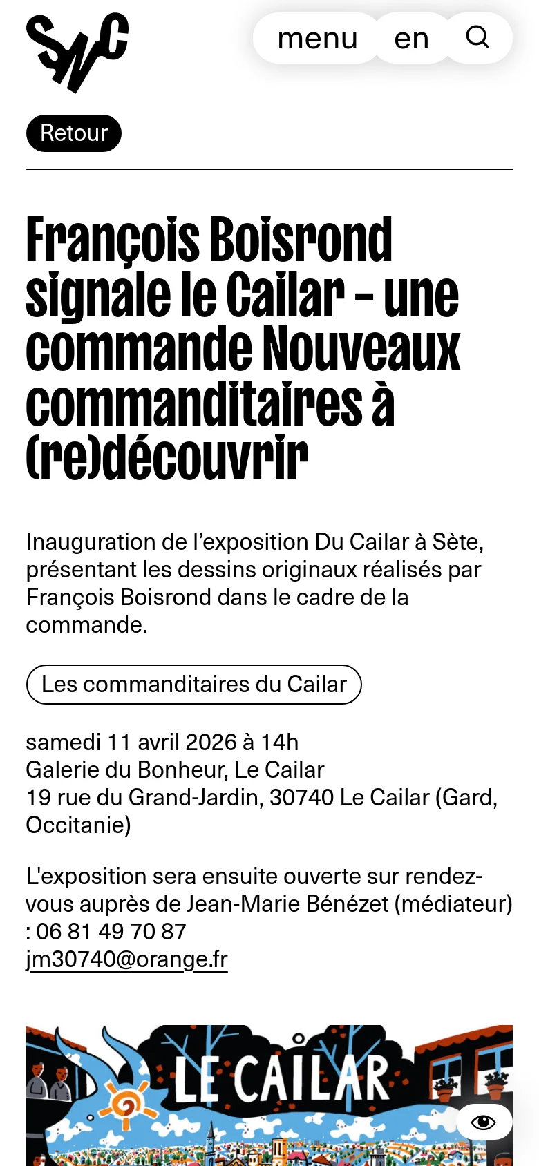 The mobile version presents a single-column vertical layout with the large black headline at the top, followed by event details and a 'Retour' button. The navigation menu is condensed into a pill-shaped button at the top, and the colorful signage image is positioned at the bottom of the visible screen.
