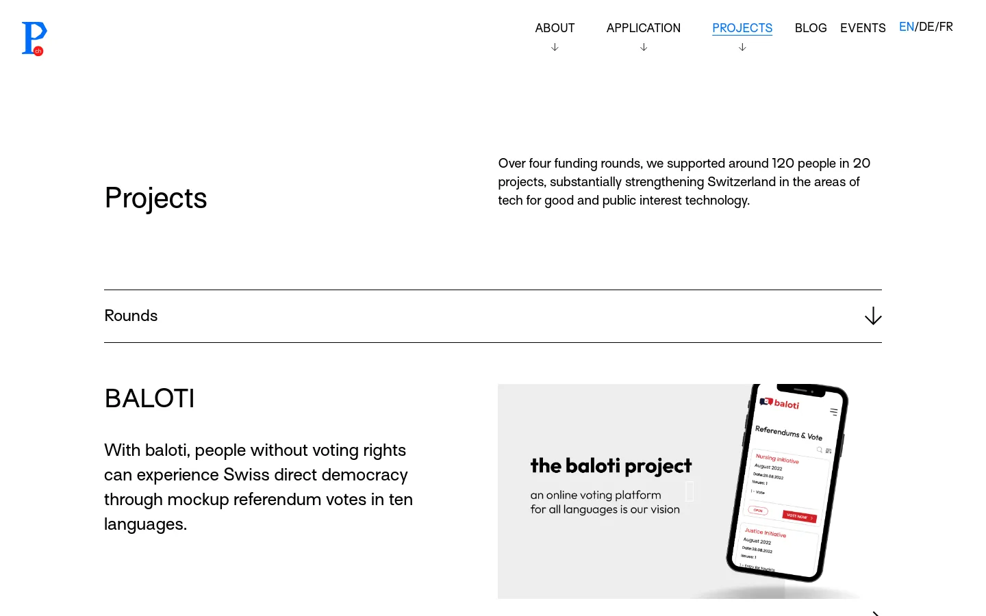 The Projects page features a clean white layout with a large 'Projects' headline and a summary paragraph. Below, a 'Rounds' section acts as a navigation menu, followed by a list of individual projects like 'BALOTI', which includes a descriptive text and a hero image showing a smartphone mockup. The design uses a minimalist aesthetic with black text and blue accents.