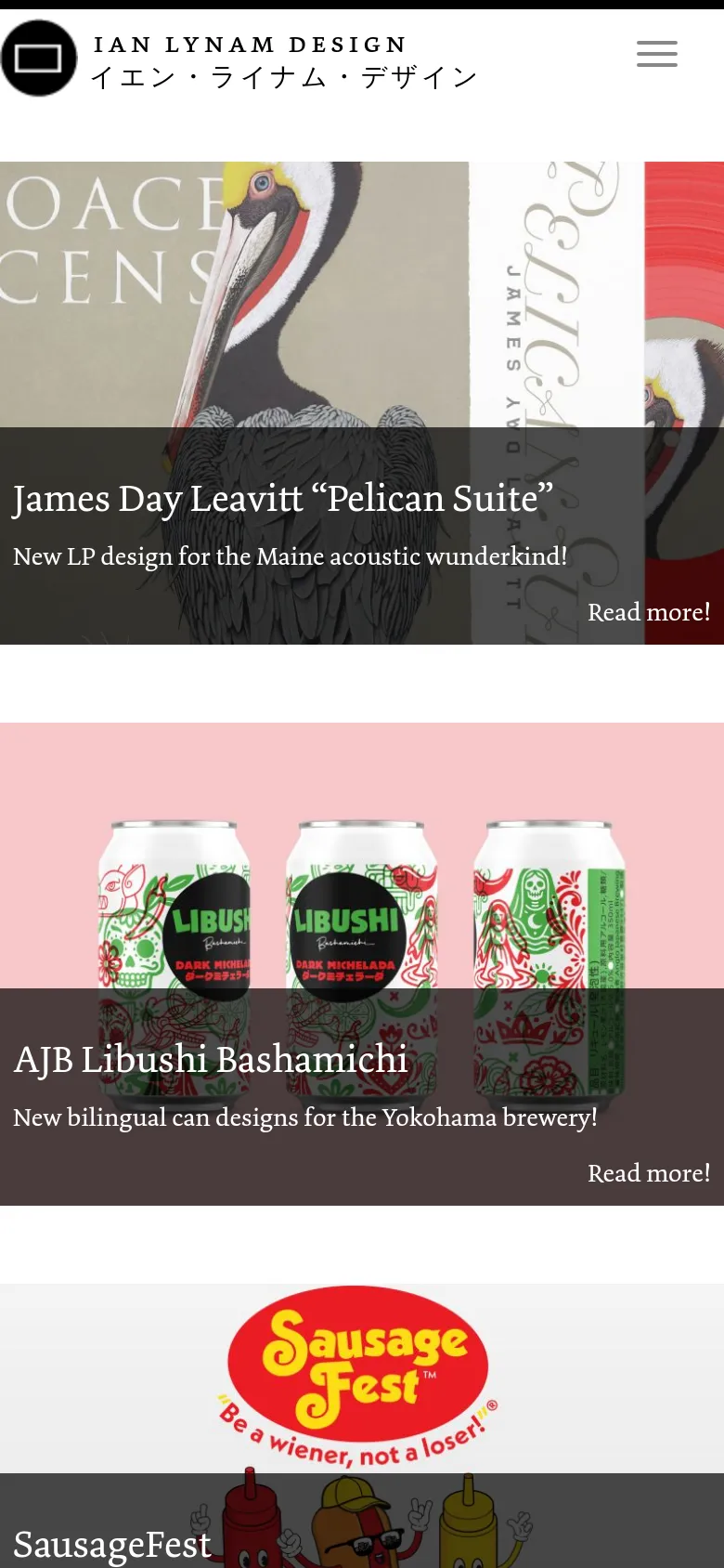 The mobile version features a condensed layout with a hamburger menu icon in the top right for navigation. The project images and their corresponding text overlays remain large and full-width, maintaining the vertical scrolling experience but optimized for a narrower screen.