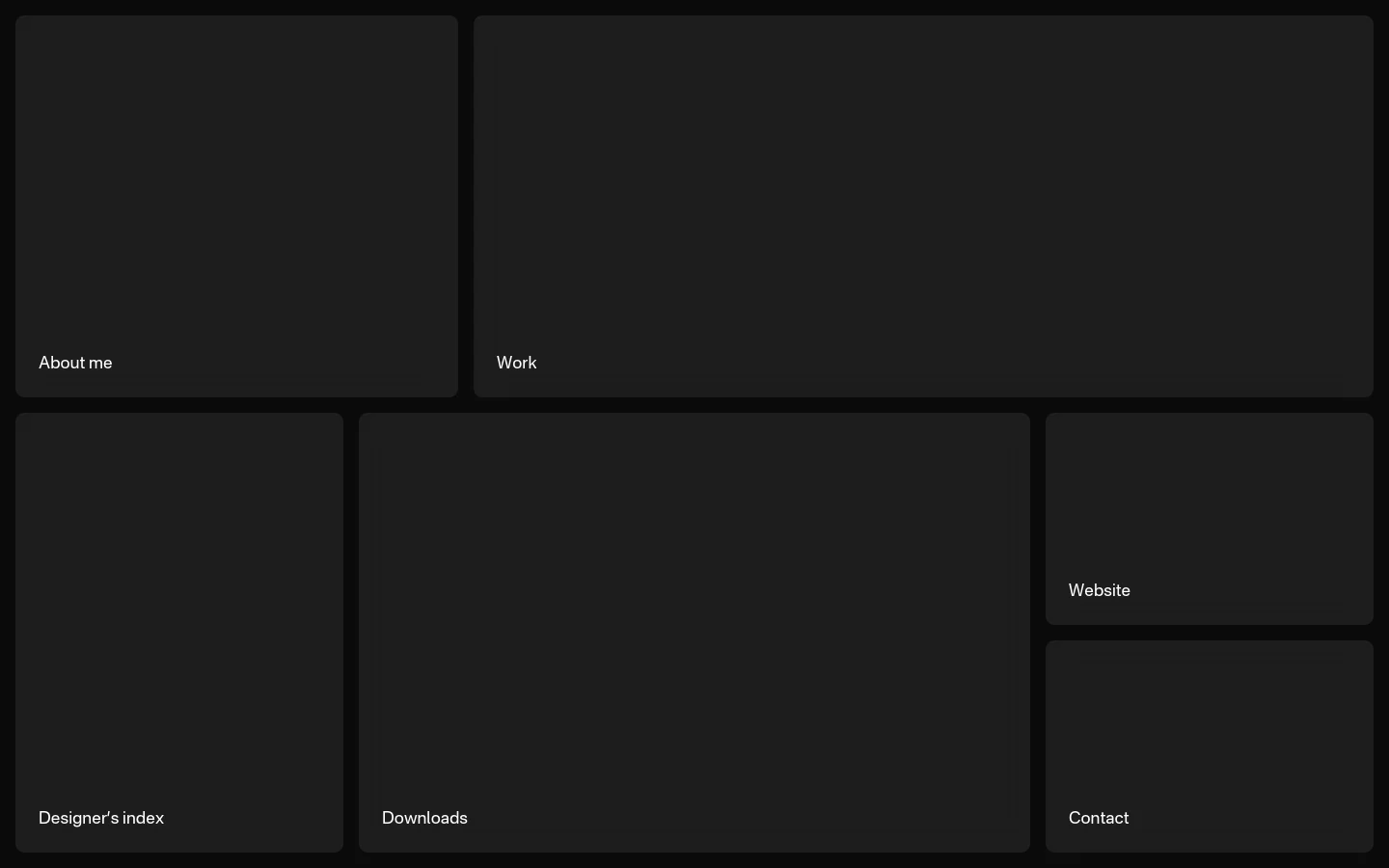 A minimalist dark-themed portfolio homepage for Bram Naus featuring large, dark gray rectangular tiles arranged in a grid. The tiles act as navigation links with white text labels for About me, Work, Designer's index, Downloads, Website, and Contact. The layout uses a sophisticated asymmetrical grid on a black background.