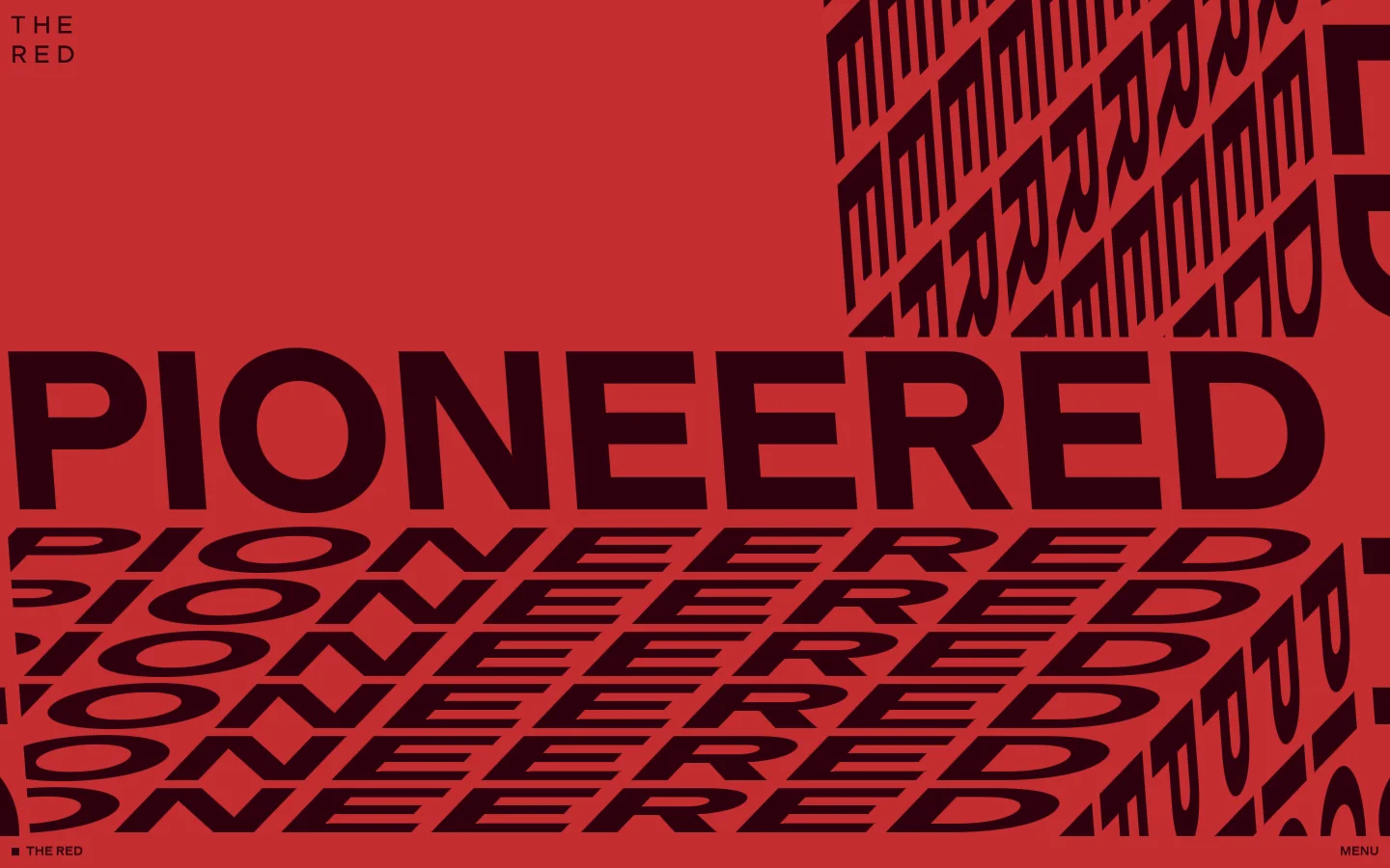 The desktop landing page features a bold, high-contrast design with a vibrant red background and large, dark typography. The word 'PIONEERED' is displayed in a massive, repeating pattern that creates a sense of depth and architectural scale. A minimalist navigation bar at the bottom includes 'THE RED' on the left and 'MENU' on the right.