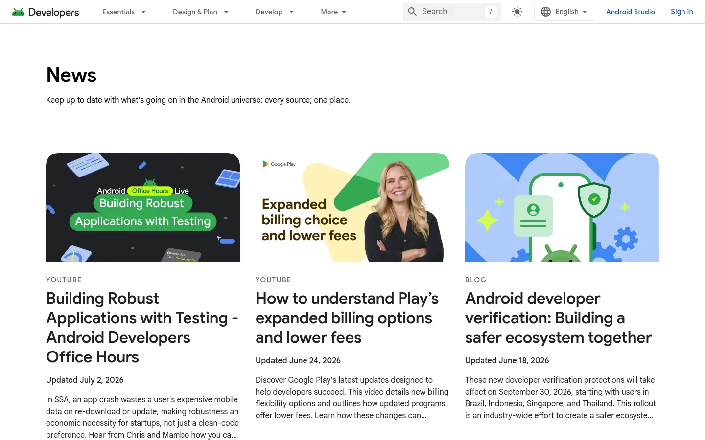 The News page features a clean white layout with a top navigation bar containing dropdown menus for Essentials, Design & Plan, and Develop. A large 'News' heading is followed by a grid of news cards, each containing a large thumbnail image, a category label like 'YouTube' or 'Blog', a bold title, and a brief description. The primary colors are white, black, and various accent colors within the article thumbnails.