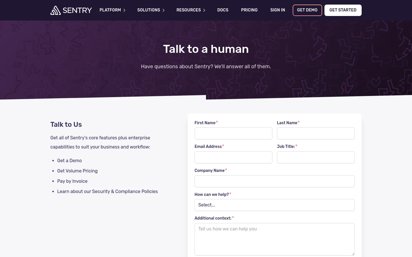 The desktop page features a dark purple hero section with a geometric pattern and the headline 'Talk to a human'. Below, a two-column layout shows a text section on the left detailing enterprise benefits and a white contact form on the right with fields for name, email, job title, company, and a dropdown for help topics.