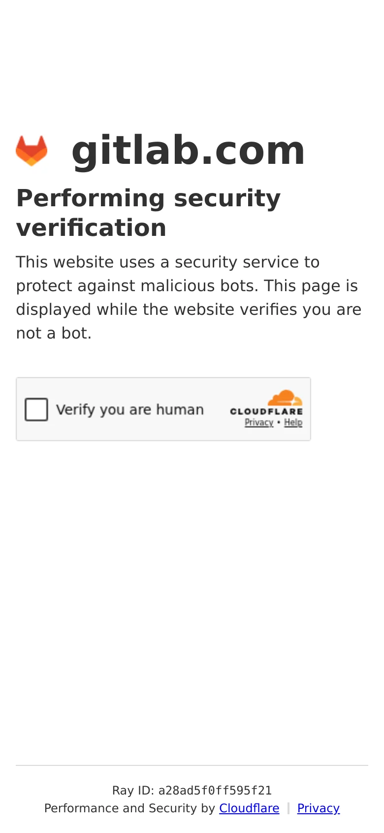 The mobile version shows the same security verification layout as the desktop, centered on a white background. The GitLab logo, headline, and Cloudflare verification widget are stacked vertically to fit the narrow screen width.