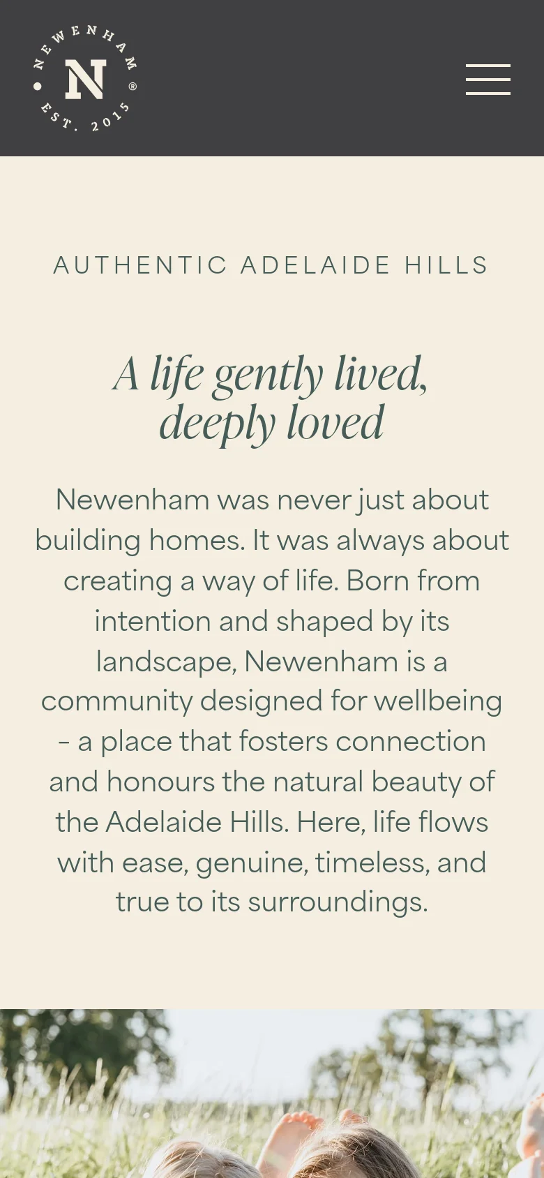 The mobile version simplifies the layout, removing the side-by-side hero split and the top navigation bar in favor of a centered header with a hamburger menu icon. The cream-colored section contains the main text and headlines stacked vertically, followed by the large lifestyle photograph of children in a field below the text content.