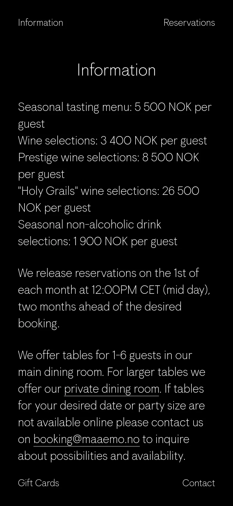 The mobile version maintains the minimalist black and white aesthetic but uses a vertical layout optimized for smaller screens. Navigation links like 'Reservations', 'Gift Cards', and 'Contact' are positioned at the top and bottom edges of the viewport.