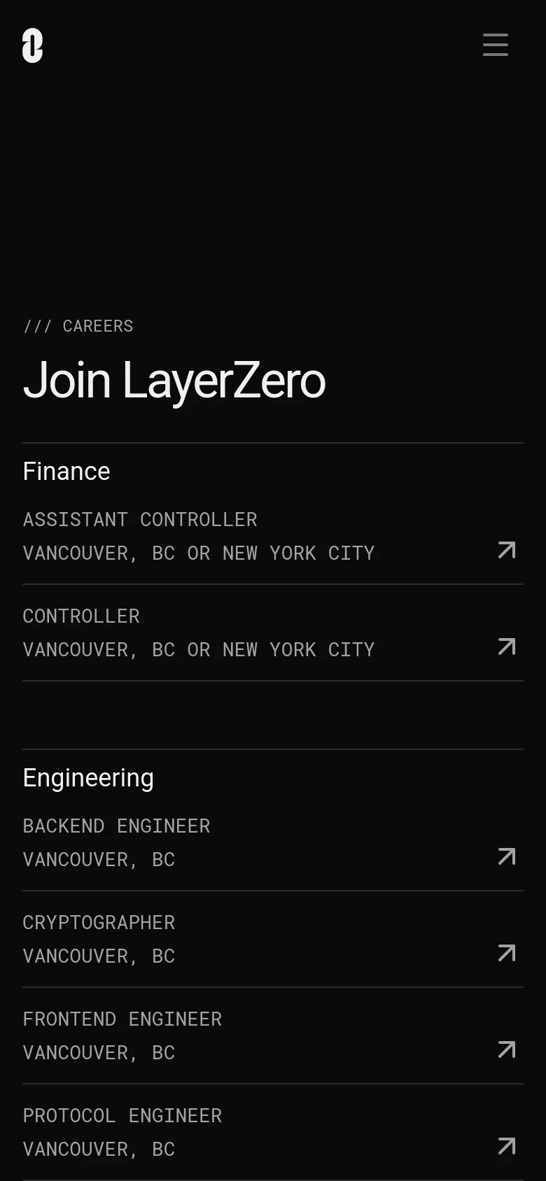 The mobile version maintains the dark aesthetic and white typography but uses a vertical stack for the job listings. The navigation menu is condensed into a hamburger icon at the top right, and the large 'Join LayerZero' headline is scaled down to fit the narrower screen width.