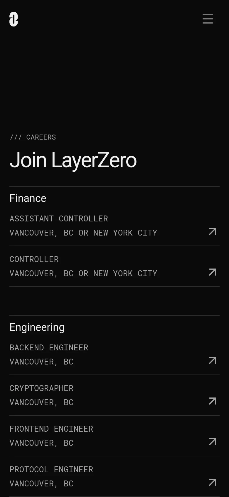 The mobile version maintains the dark aesthetic and white typography but uses a vertical stack for the job listings. The navigation menu is condensed into a hamburger icon at the top right, and the large 'Join LayerZero' headline is scaled down to fit the narrower screen width.