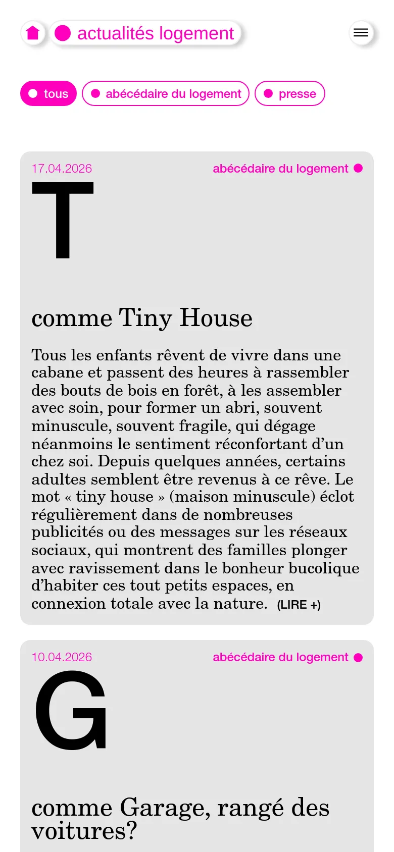 The mobile version presents a simplified vertical layout with a sticky header containing a home icon and the title 'actualités logement'. The category filters are displayed as rounded pink buttons, and the blog posts are stacked in a single column, emphasizing large typography for the article headings and category labels.