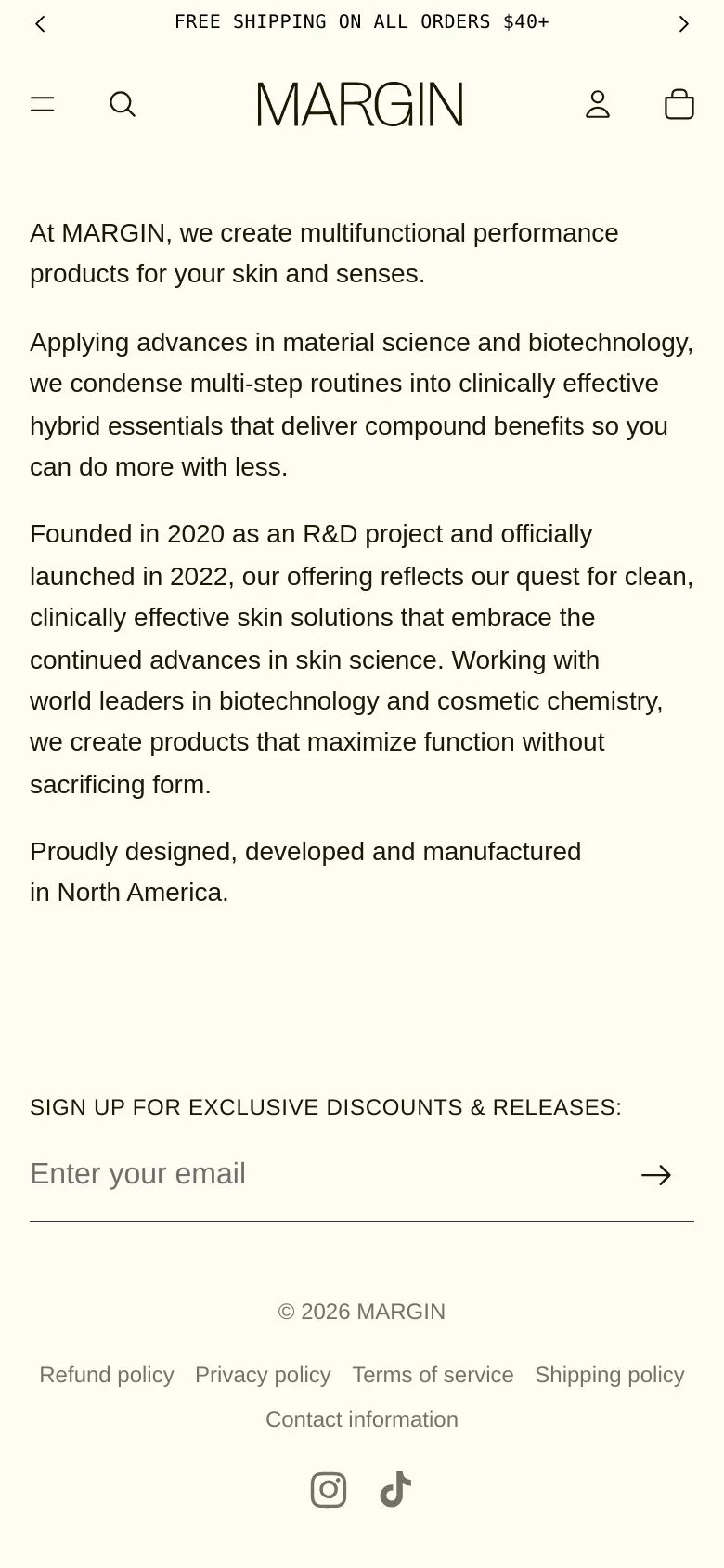The mobile version uses a single-column layout with a hamburger menu and search icon on the left, the MARGIN logo centered, and a profile and shopping bag icon on the right. The text content is stacked vertically, filling the width of the screen, followed by an email signup field and social media icons at the bottom.