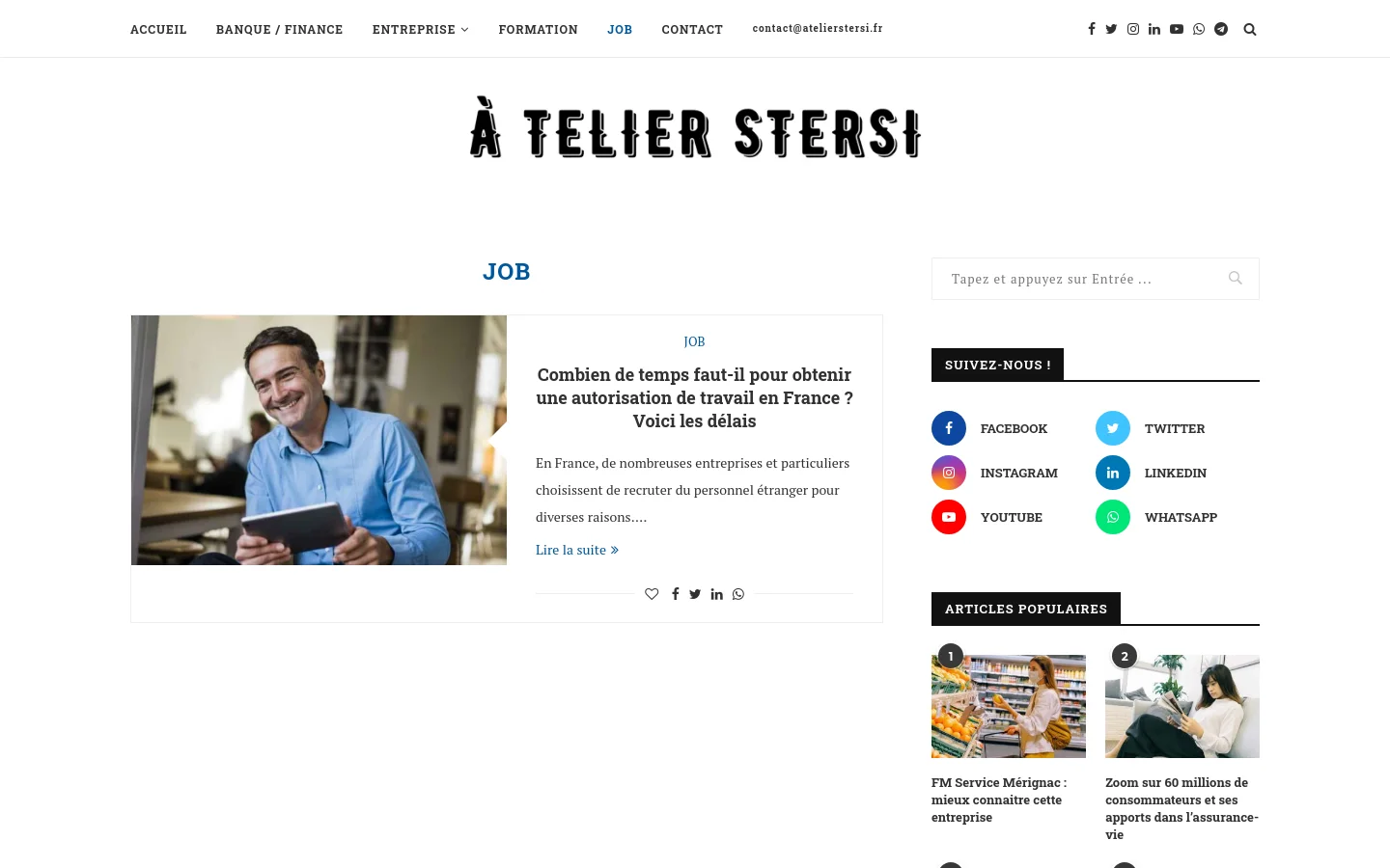 The desktop version shows a blog archive page for 'JOB' with a clean white background and black typography. A large featured article includes a photo of a smiling man using a tablet, a headline about work authorization in France, a short excerpt, and a 'Lire la suite' link. A sidebar on the right contains a search bar, social media follow buttons, and a 'Popular Articles' section with thumbnail images.