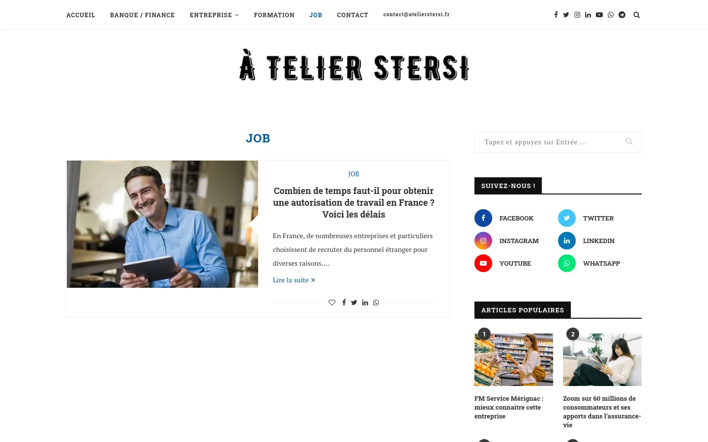 The desktop version shows a blog archive page for 'JOB' with a clean white background and black typography. A large featured article includes a photo of a smiling man using a tablet, a headline about work authorization in France, a short excerpt, and a 'Lire la suite' link. A sidebar on the right contains a search bar, social media follow buttons, and a 'Popular Articles' section with thumbnail images.