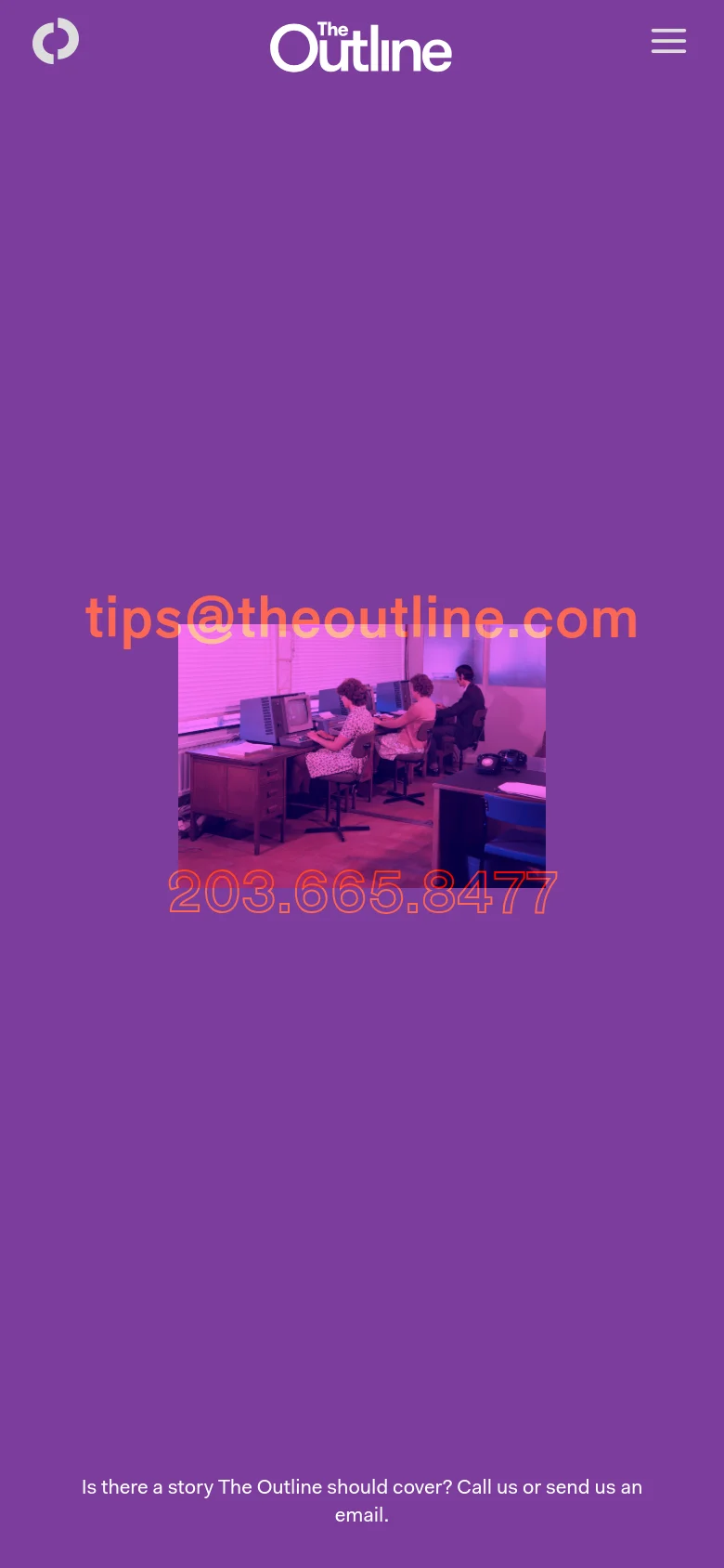 The mobile version maintains the purple background and large orange contact text, but the layout is vertically stacked for a narrower screen. The office photo is smaller and centered between the email and phone number, and the text at the bottom is centered.
