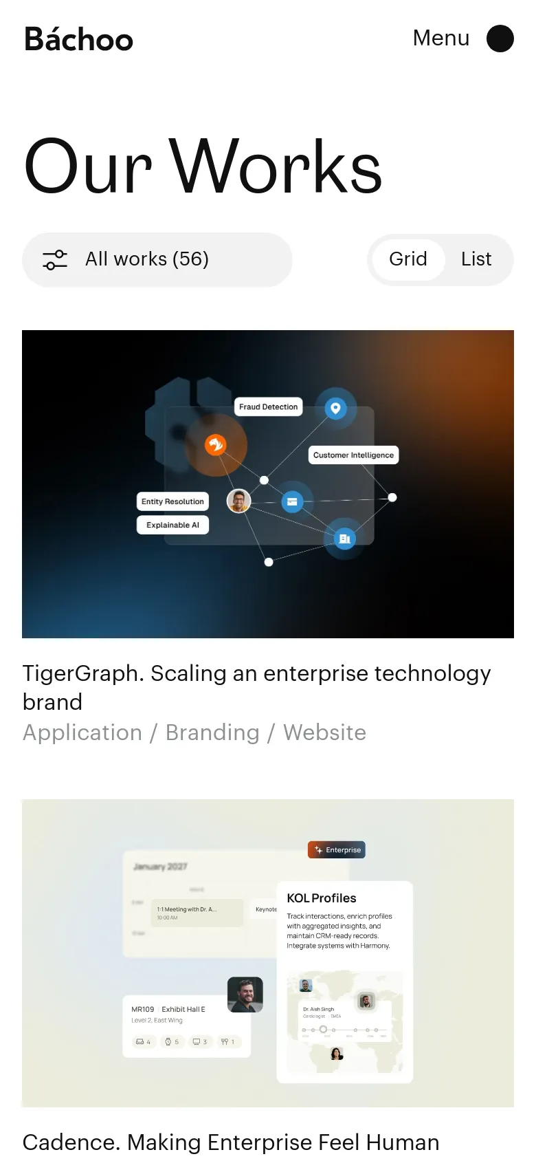 The mobile version maintains the minimalist white aesthetic but simplifies the navigation to a 'Menu' button with a black circle icon. The 'Our Works' headline is prominent, followed by a condensed filter bar and a single-column vertical stack of project cards. Each card features a large cover image followed by the project title and service tags.