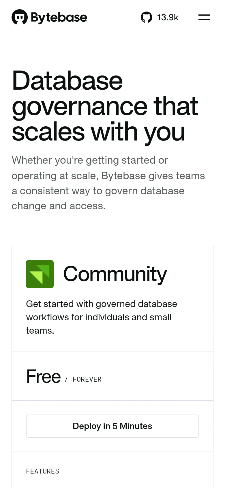 The mobile version uses a single-column vertical layout to display the pricing plans. The large headline and subtext appear at the top, followed by the Community plan card, which includes its icon, description, price, and a full-width 'Deploy in 5 Minutes' button.