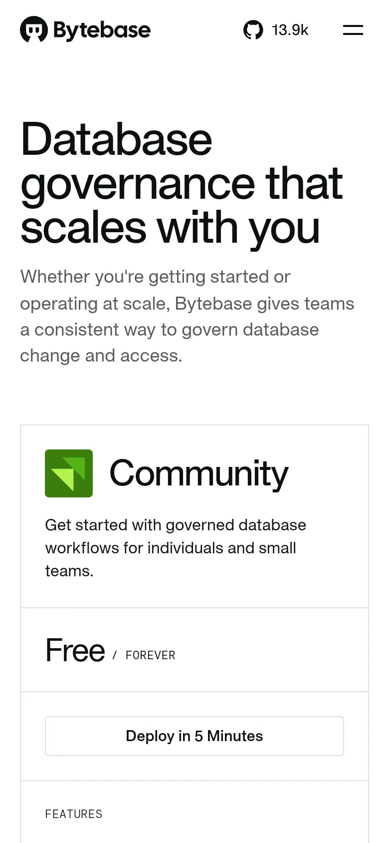 The mobile version uses a single-column vertical layout to display the pricing plans. The large headline and subtext appear at the top, followed by the Community plan card, which includes its icon, description, price, and a full-width 'Deploy in 5 Minutes' button.