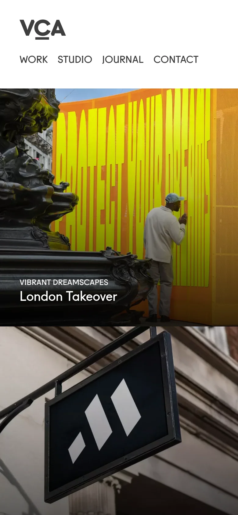 The mobile version displays a simplified vertical layout with a centered VCA logo and a stacked navigation menu. The portfolio projects are presented as large, full-width images with text overlays, such as 'London Takeover', creating a single-column scrolling experience.