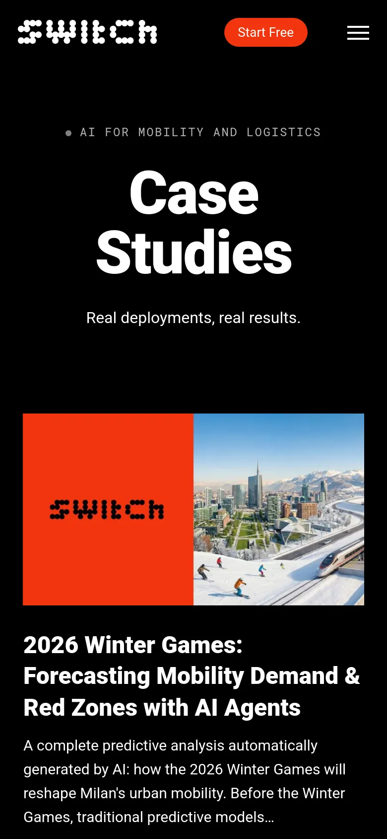The mobile version maintains the dark theme and large white typography for the 'Case Studies' heading. The layout shifts to a single-column vertical stack, where the featured Winter Games case study image and text are centered and scaled for a smaller screen. The navigation is condensed into a hamburger menu at the top right.