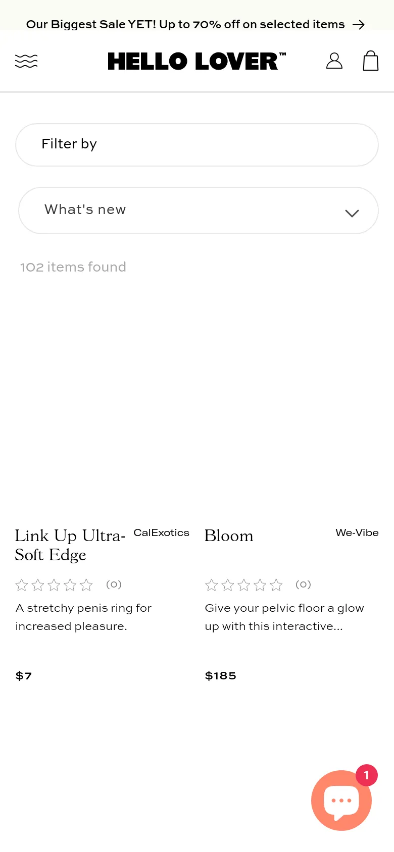The mobile version simplifies the layout by replacing the sidebar with large, full-width buttons for 'Filter by' and 'What's new' sorting. The product grid shifts to a single-column view to accommodate the smaller screen, maintaining the white aesthetic and minimalist design.
